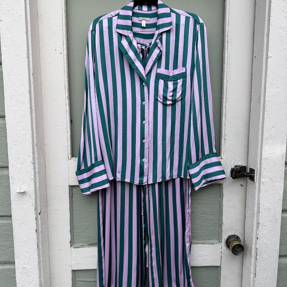 Anthropologie LyreBird Silky Oversized PJ Striped Green Pajama Set XS